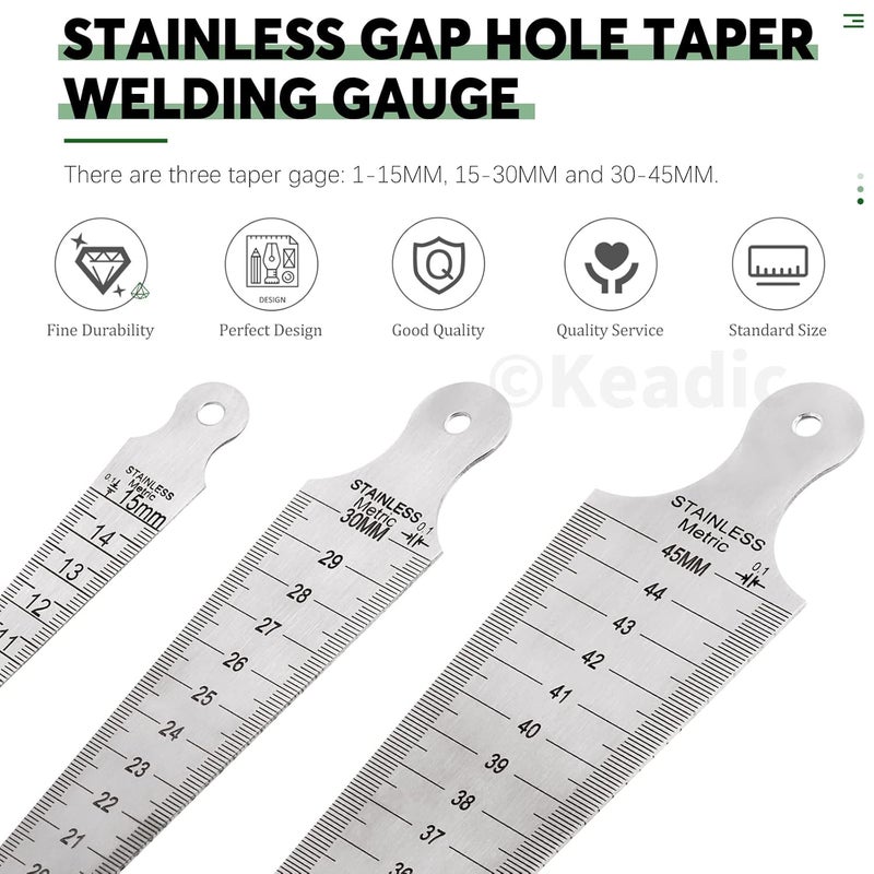 Keadic 3Pcs Stainless Welding Taper Gauge Test Set, 1-15mm/15-30mm/30-45mm Feeler Gage Rulers Gap Hole Inspection Tool Inch & Metric Standard for Size Measurement (1/64”-5/8”, 5/8”-3/16”, 3/16”-3/4”) - Image 3